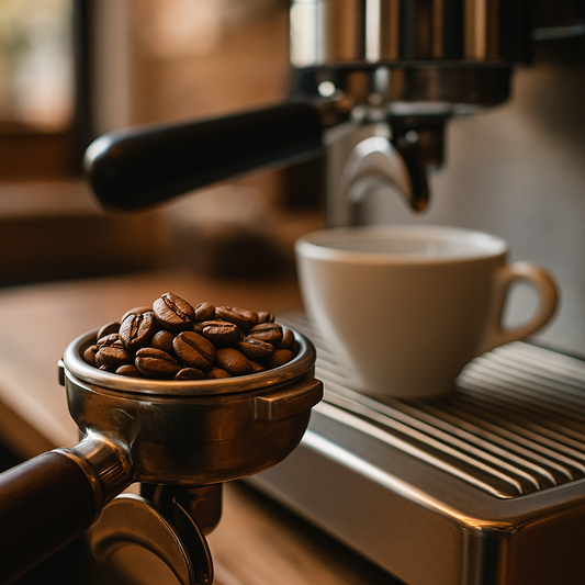 Freshly roasted coffee beans in a portafilter beside an espresso machine, Melbourne café setting, Bean Buster Coffee promotion.
