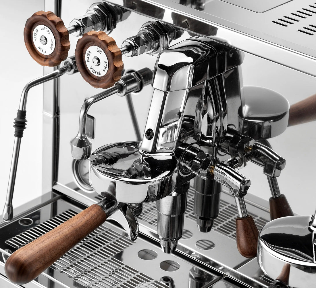 High-end espresso machine with wooden handles and chrome finish, representing home espresso setup and Bean Buster Coffee brewing quality.